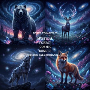 May include: Digital artwork bundle showcasing a bear, deer, wolf, and fox set against a cosmic galaxy backdrop. The image includes the text "MYSTICAL FOREST COSMIC BUNDLE" and "PERSONAL AND COMMERCIAL USE". The artwork is 5000x5000 pixels.