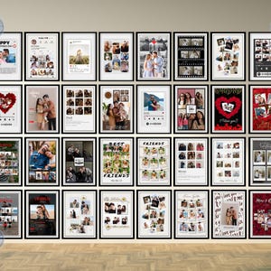 Könnte beinhalten: Eine Wandgalerie mit 20 gerahmten Foto-Collagen in verschiedenen Themen, darunter "Beste Freunde", "Mama", "Ich liebe dich" und "Froher Valentinstag". Die Drucke zeigen eine Mischung aus Schwarzweiß- und Farbfotos, wobei einige Herzen, Blumen und andere dekorative Elemente enthalten.