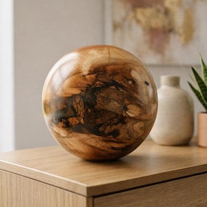 Może przedstawiać: Duża, kulista drewniana dekoracja z polerowanym wykończeniem. Usłojenie drewna charakteryzuje się mieszanką jasnych i ciemnych brązów, tworząc naturalny wzór. Kula leży na drewnianej powierzchni.