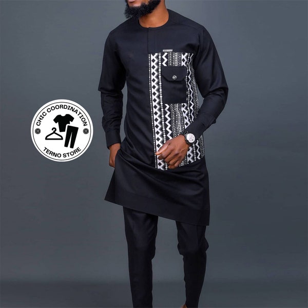 Geometric Print Traditional Suit | Crewneck  Long Sleeve and Trousers For Men | Men's Outfit