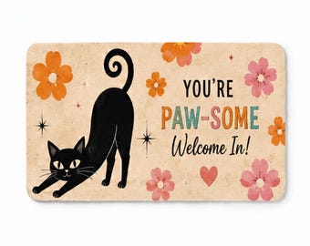 Felpudo con diseño de gato negro, felpudo divertido de bienvenida para gatos, felpudo floral retro, alfombra de entrada con diseño de gato, regalo para amantes de los gatos, decoración del hogar con estética vintage.