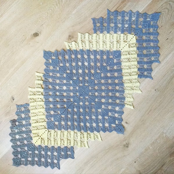 A new, gray-yellow napkin made using the crochet technique. Dimensions 46 cm x 85 cm, unique-shaped. Handmade with love.