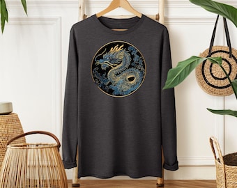 Camiseta de manga larga con diseño de dragón azul medianoche y bestia mítica asiática.
