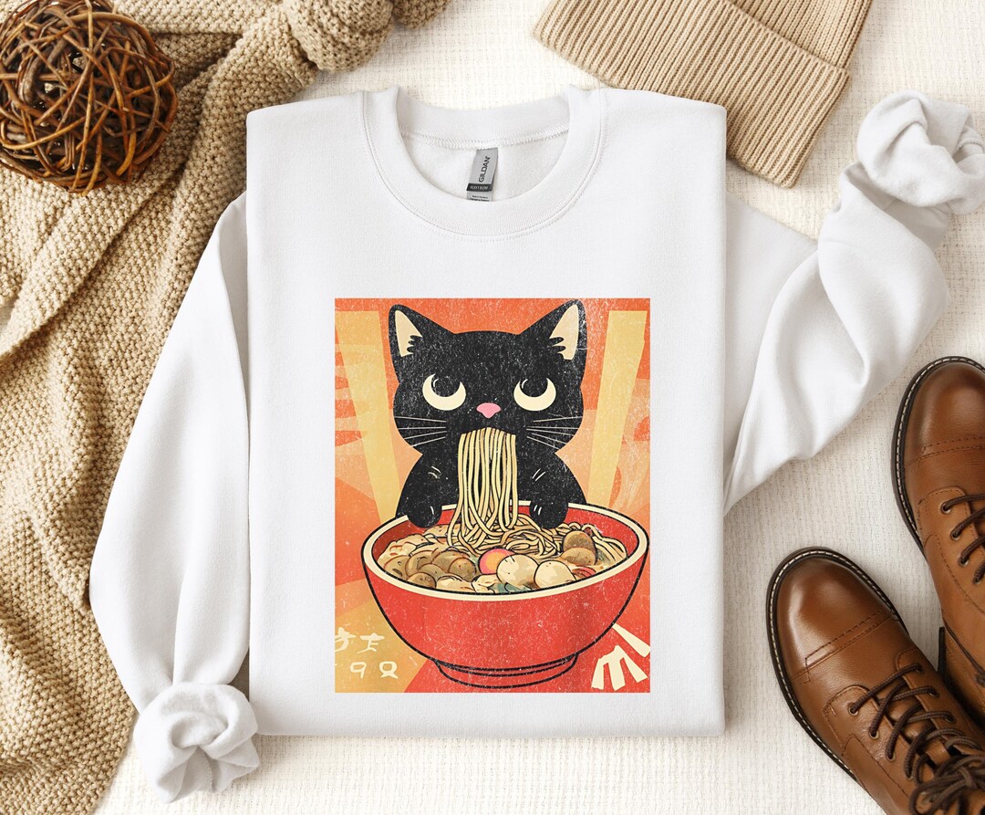 Kawaii Cat Ramen Anime Tee, Funny Japanese Graphic Crewneck, Anime Gift ...
