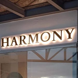 May include: A sign with the word "HARMONY" in gold-colored, illuminated letters. The sign is mounted on a white surface above a glass storefront. The letters are large and easily readable, with a warm glow emanating from behind them.