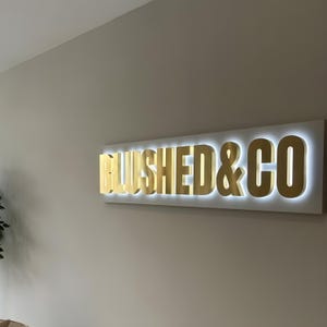 May include: A rectangular wall sign featuring the gold-colored, three-dimensional text BLUSHED & CO mounted on a white rectangular backing. The letters are illuminated from behind with a bright white light, creating a glowing halo effect.