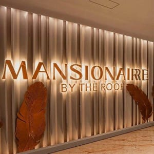 May include: A wall display featuring the gold-colored text MANSIONAIRE BY THE ROOF mounted on a vertical paneled background with integrated warm lighting. Two large, textured, copper-toned metal feathers are positioned on the lower sides.