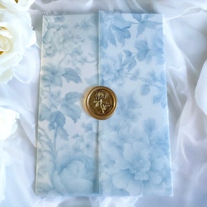 Vellum Jacket Blue Toile Vellum Wrap 5x7 Prefolded Vellum Wrap Blue French Blue Vellum Jacket Blue Floral Save the Date Vellum Jacket 5x7