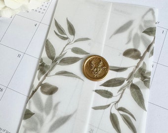 Sobre de vitela con hojas verdes, sobre de vitela ...