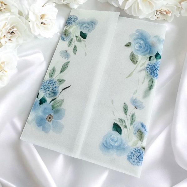 Vellum Jacket Blue Vellum Wrap 5x7 Floral Wedding Invitation Vellum Jacket Prefolded Blue Vellum Jacket Blue Floral Save the Date Vellum