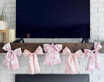 Fondo de coqueta para baby shower, lazo de coqueta, decoración para baby shower, guirnalda de lazos, decoración para fiesta de primer cumpleaños de niña, lazo para revelar el género, Toile de Jouy