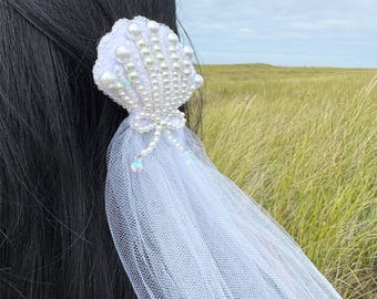 Pinza para el pelo para boda en la playa, accesorio para el pelo de novia con forma de concha de perla, velo desmontable, regalo de compromiso para despedida de soltera o luna de miel.