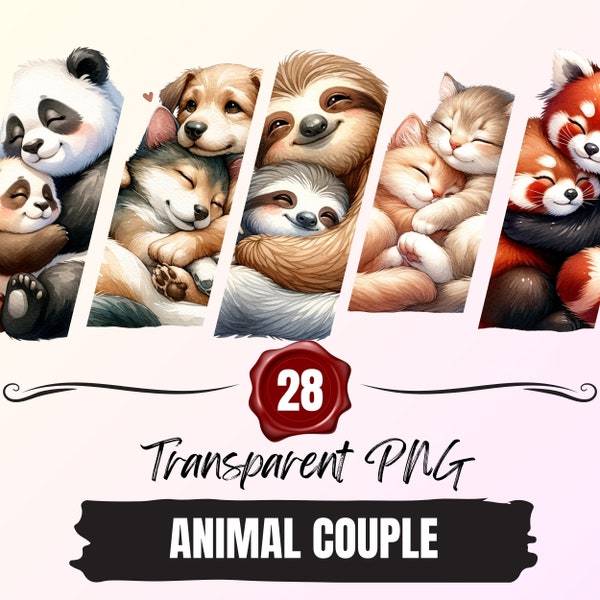 28 Animal Couple Clipart Bundle - Adorable Animal Hugs, Cuddly  Collection, Valentine's day, PNG Transparent, Digital File