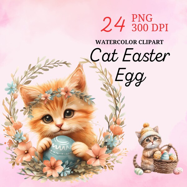 24 Cat Easter Egg Watercolor Clipart, Easter Egg, Whimsical Feline Easter Egg Digital Art for Invitations, Transparent PNG, Cute animal