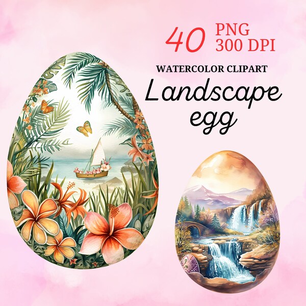 40 Lanscape Egg Watercolor Clipart, Scenic Landscape Easter Eggs, Nature-Inspired  Digital Art for Invitations, Transparent PNG, Cute animal