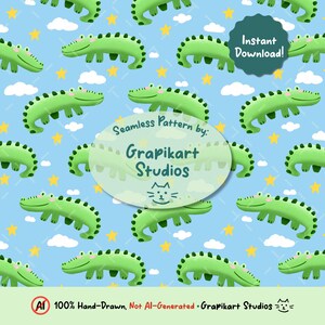 May include: A seamless pattern featuring cartoon alligators in light green, scattered across a light blue background with white clouds and yellow stars. The design includes the text "Instant Download!" and "Seamless Pattern by: Grapikart Studios."