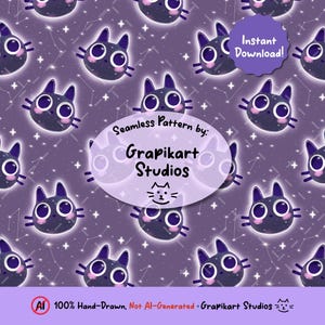May include: Seamless pattern featuring cartoon black cats with starry details on a purple background. The cats have large eyes and pink cheeks. The image includes the text "Instant Download!" and "Grapikart Studios".