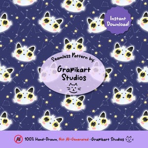 Può includere: Motivo senza cuciture con facce di gatti dei cartoni animati con contorni luminosi, su sfondo blu scuro con costellazioni e stelle. Il design include il testo "Download istantaneo!" e "Grapikart Studios".