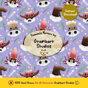 May include: A seamless pattern on a lavender background features cartoon cats wearing a chef's hat, cowboy hat, and a boot. Other elements include squid, fish bones, and stars. The text "Instant Download!" is visible.