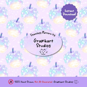 May include: A seamless pattern featuring stylized apples in shades of blue, purple, and yellow. The apples have a glittery effect and are set against a light purple background. The text "Instant Download!" is visible, along with the text "Seamless Pattern by: Grapikart Studios".