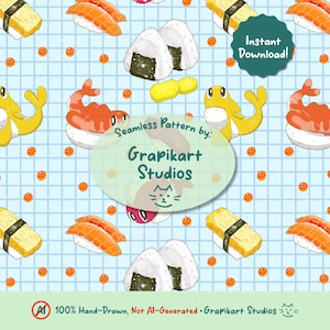 May include: A seamless pattern featuring sushi, onigiri, and cartoon characters on a light blue grid background. The design includes salmon nigiri, tamago sushi, and a variety of sushi-themed cartoon characters. The text "Instant Download!" is visible.