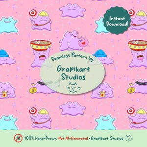 Könnte beinhalten: Nahtloses Muster mit cartoonartigen lila und blauen Figuren auf rosa Hintergrund. Einige Figuren tragen Accessoires. Der Text "Instant Download!" ist sichtbar. Das Muster wird als handgezeichnet beschrieben.