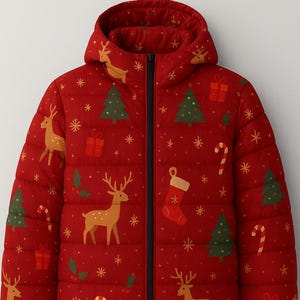 May include: Red hooded puffer jacket with a Christmas-themed pattern. The design includes reindeer, Christmas trees, gift boxes, candy canes, and snowflakes. The jacket has a black zip.