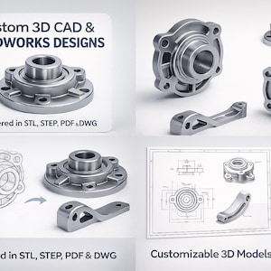 Op de afbeelding: Een verzameling metalen 3D CAD- en SOLIDWORKS-ontwerpen, inclusief diverse mechanische componenten. De afbeelding toont meerdere weergaven van de onderdelen, samen met technische tekeningen en pictogrammen voor bestandsindelingen. De tekst op de afbeelding luidt "Custom 3D CAD & SOLIDWORKS Designs."