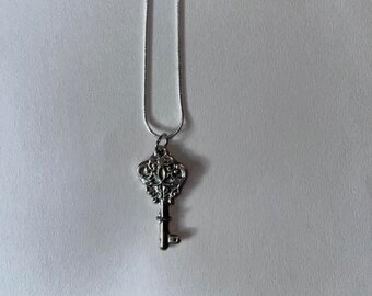 Skeleton Key Pendant Necklace - Sterling Silver Chain -