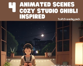 4 transmisiones de anime animadas en Twitch: un cielo nocturno acogedor inspirado en Studio Ghibli, superposición animada, Twitch, YouTube, Vtuber, Kawaii, escenas de Twitch