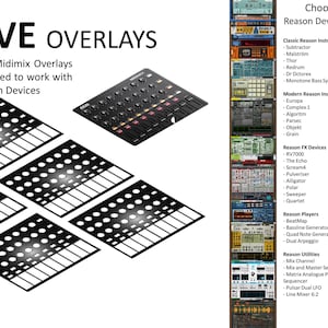 5 x Overlay for Akai Midimix. Choose any 5 Reason devices. Comes with Remote MIDI mapping for full functionality.