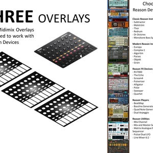 3 x Overlay for Akai Midimix. Choose any 3 Reason devices. Comes with Remote MIDI mapping for full functionality.