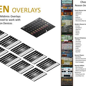 10 x Overlay for Akai Midimix. Choose any 10 Reason devices. Comes with Remote MIDI mapping for full functionality.
