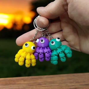 Puede incluir: Tres llaveros de pulpo coloridos en amarillo, morado y verde azulado están unidos a un llavero plateado. Cada pulpo tiene ojos grandes y saltones y tentáculos articulados. El fondo está borroso, con una puesta de sol visible.