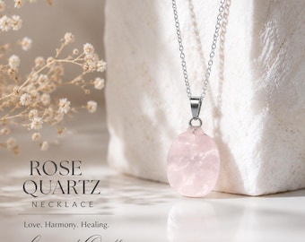 Rose Quartz Necklace Silver Chain | Natural Crystal Pendant | Healing Stone Jewellery | Minimalist Pink Gem Necklace | Gift for Her