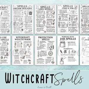 May include: Twelve black and white posters with witchcraft themes, including "Beginner Spells", "Dream Holiday", "Love Myself", "Find a Job", and "Find Love". The image features detailed illustrations and text. The bottom of the image reads "Witchcraft Spells".