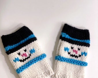 Blue and White Snowman Crochet Fingerless Gloves, Festive Winter Hand Warmers, Christmas Gift, Cozy Handmade Accessory