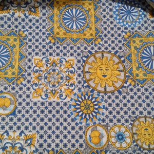 Sicilian fabric, 280cm width, acrylic and cotton. Sicily blu majolica, sun and lemons. Caltagirone style, Sicily home and outdoor decor