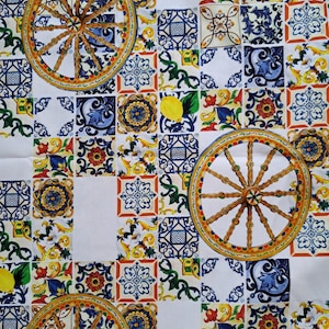 Sicily fabric, 280 cm h, Caltagirone tiles, original sicilian carretto, majolica on cotton, exclusive fabric, only here! Sicily home decor