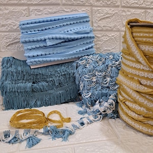 Passamanerie siciliane, frange, ponpon, cordini, stile barocco e vintage, per upcycling, scrap booking, tappezzeria, cucito, mix blu e oro
