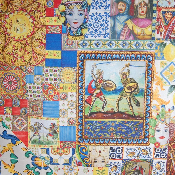 Tessuto siciliano di cotone h 280 cm, stoffa con maioliche siciliane, teste di moro, trinacria, pupi, stile di Caltagirone, al metro
