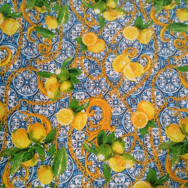 Sicilian fabric, 280cm width, cotton and polyester. Sicily blu majolica and lemons, Caltagirone style, Sicily home and outdoor decor