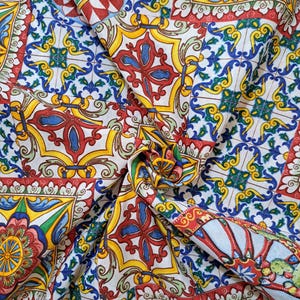 Sicilian fabric, 280cm width, cotton and poliester. Carretto, Sicily majolica and prickly pears, Caltagirone style, home decor, only here!