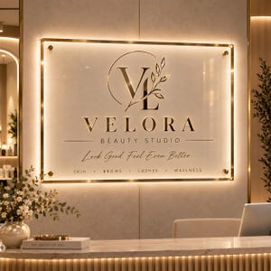 Anpassad bakgrundsbelyst akrylskylt för företag, spegelskylt med guldlogotyp, personlig väggskylt för salong, receptionsdekor för skönhetsstudio, LED-skylt för butik