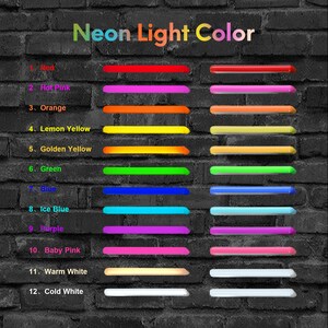 May include: A color chart of neon light colors against a dark brick background. The chart displays 12 colors, including red, hot pink, orange, lemon yellow, golden yellow, green, blue, ice blue, purple, baby pink, warm white, and cold white.