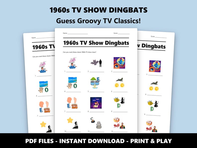 1960er Jahre TV-Show Dingbats Bild Quiz: Lustiges Quiz zum Ausdrucken für Partys (Instant PDF Download) Bild 1