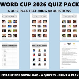 May include: A Word Cup 2026 quiz pack featuring 80 questions across six printable pages. The set includes visual identification sheets for forwards, midfielders, players, and managers, a word scramble, and a trivia page. Instant PDF download.