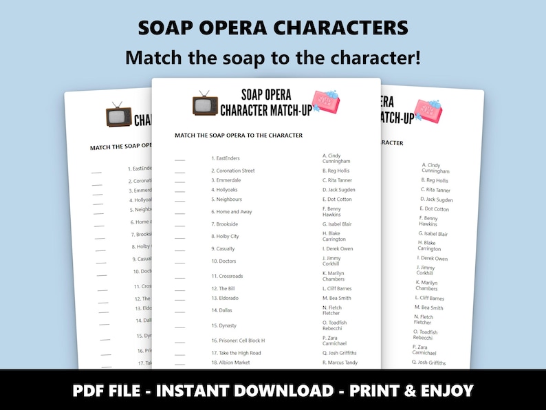 Soap Opera Characters Match Up Quiz: TV Drama Trivia Game (Instant Download) image 1