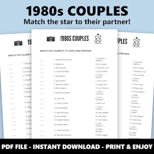 1980s Couples Match Up Quiz: Celebrity Romance Trivia Game (Instant Download) image 1