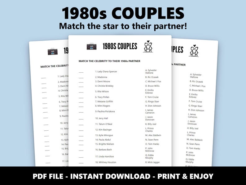1980s Couples Match Up Quiz: Celebrity Romance Trivia Game (Instant Download) image 1